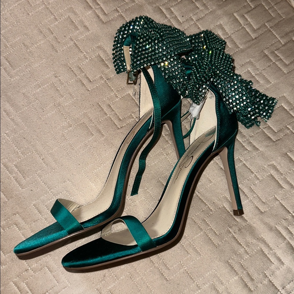 Jessica Simpson Green Satin Heels with Diamanté Bow